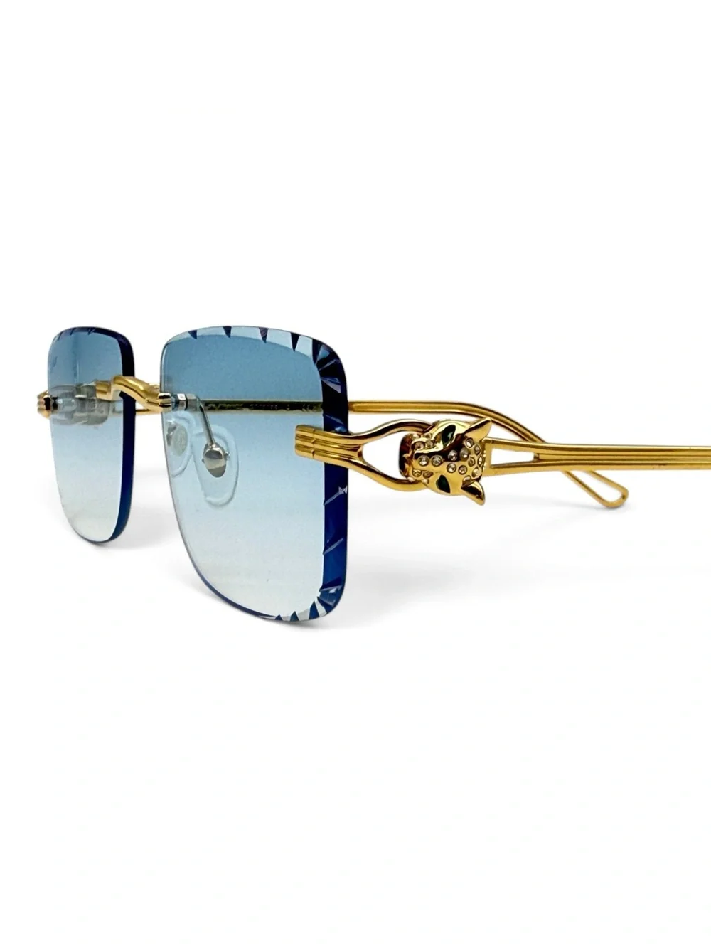 Cartier Gold Frame Blue Gradient Rimless Sunglasses with Decorative Temples